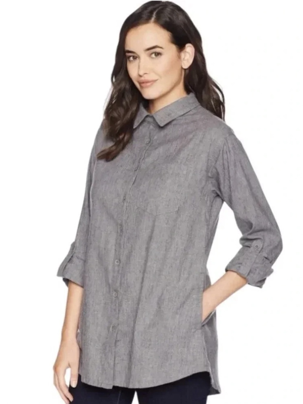 PRANA Hemp-Blend Aster Button Up Tunic Shirt in Grey - M